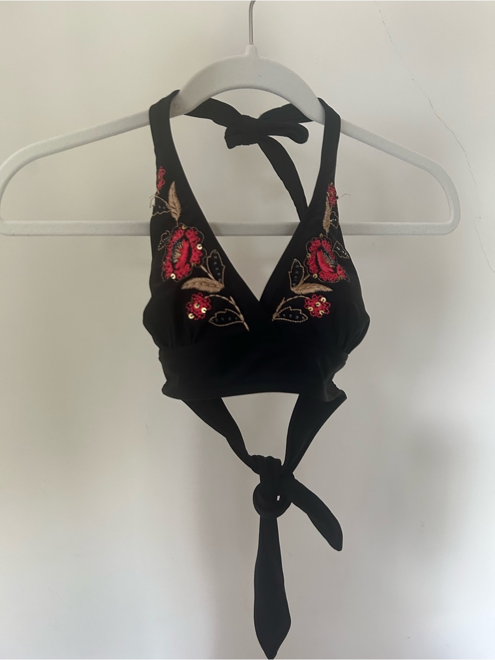 Y2K Black Halter Bikini Top with Red Floral Embroidery